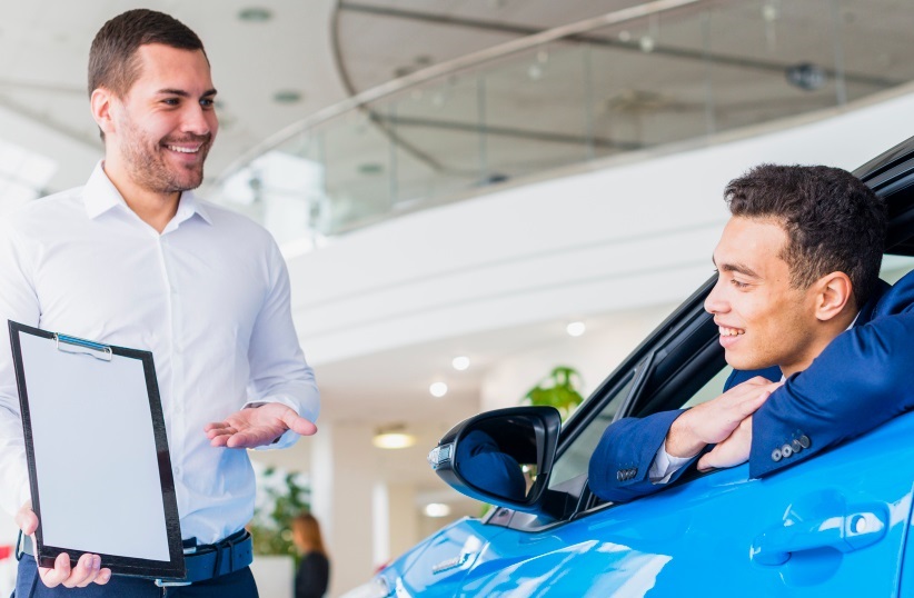 Insurance Customer Smiling with Auto Insurance Coverage Details